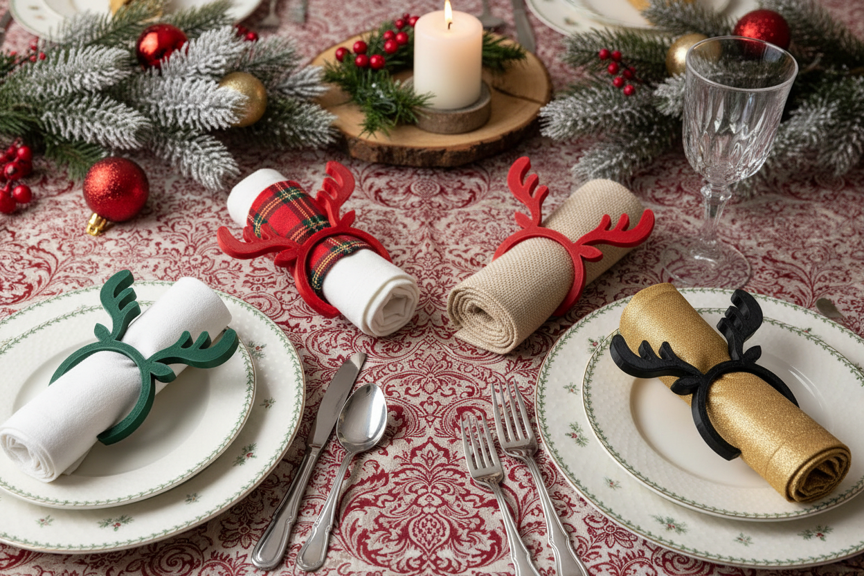 Christmas Napkin Holders with Antlers and Ears on festive table
