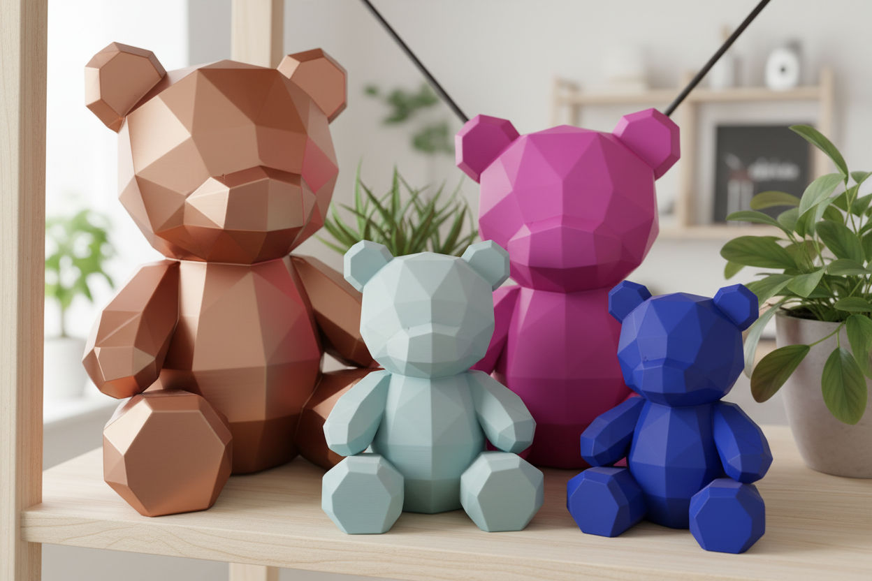 Geometric bears size comparison with wood shelf background