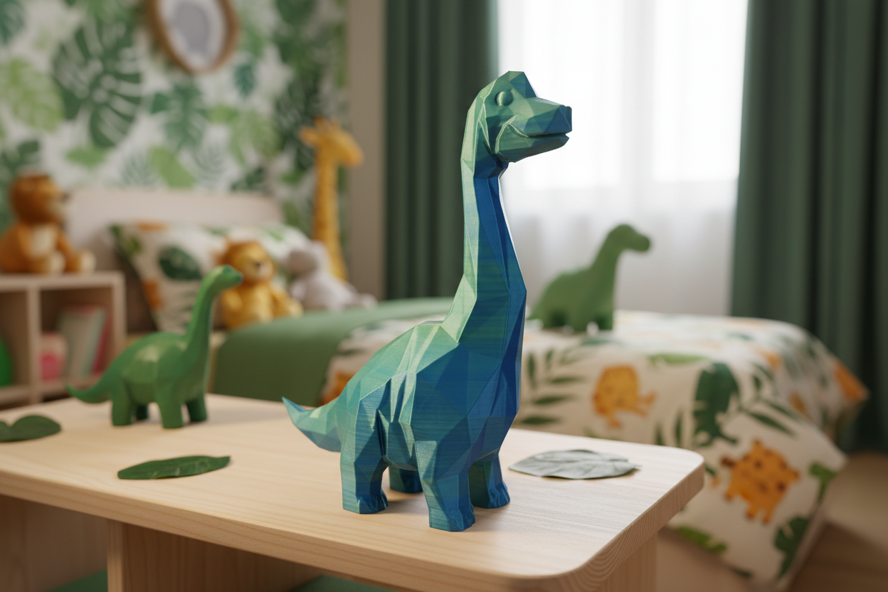 Geometric Brachiosaurus on bench in jungle-inspired bedroom