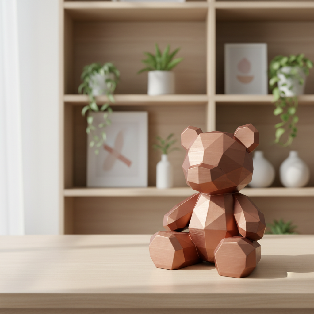 Geometric copper bear with light wood shelving
