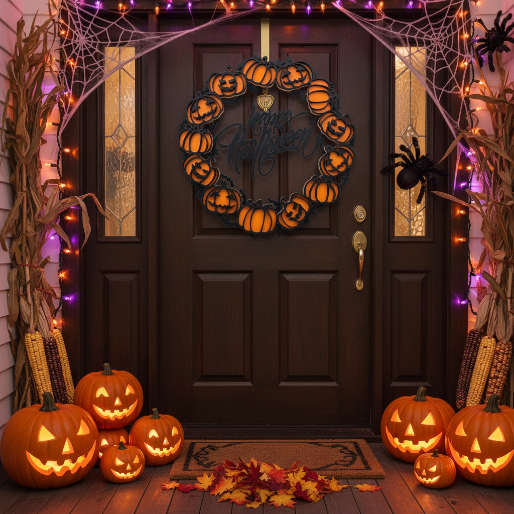 Halloween Wreath on Door with Decorations