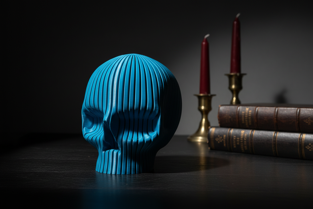 Ribbed Skull Decoration 12cm in dramatic gothic setting